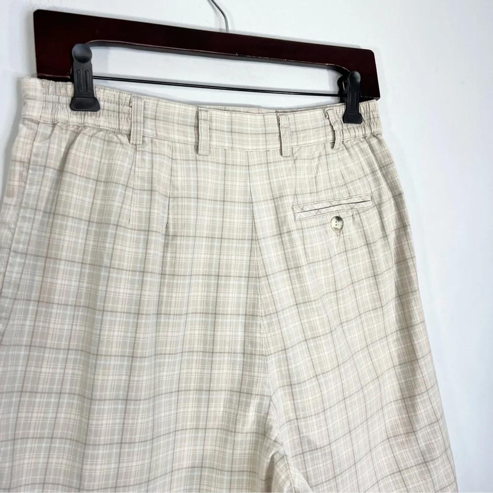 Vintage 80s 90s IZOD 100% cotton beige tan plaid pleated long Bermuda shorts 10